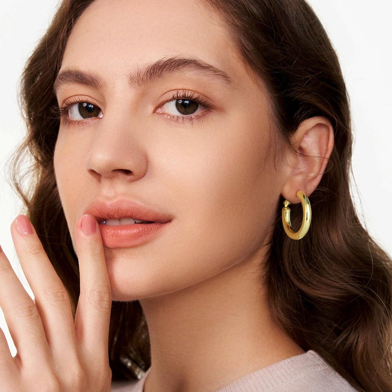 SHOWNII Chunky Gold Hoop Earrings - 14K Gold Plated Earrings for Women Hollow Tube Thick Hoops Graduation Gifts for Her - Image 2